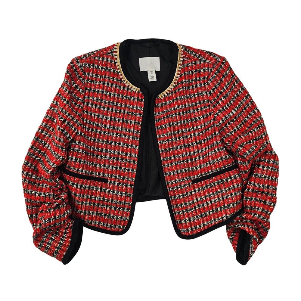 HM Red Plaid Tweed Cropped Jacket Pearl ChainTrim Womens Medium OpenFront Boucle